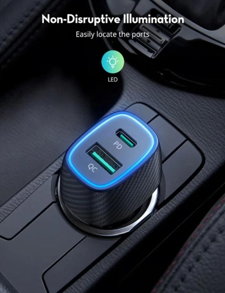 راس شاحن سيارة 60w منفذين يو اس بي تايب سي Ravpower PD Pioneer 60W 2-Port USB Car Charger