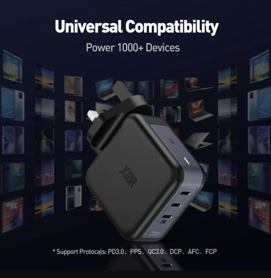 راس شاحن جداري ثلاث منافذ تايب سي 100واط بتقنية القان جودا Joda 100W USB-C 3-Port GaN Wall Charger Black