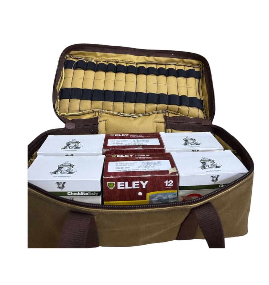Bag for storing and carrying shotgun shells with box, 6 pieces, and 26 shells.