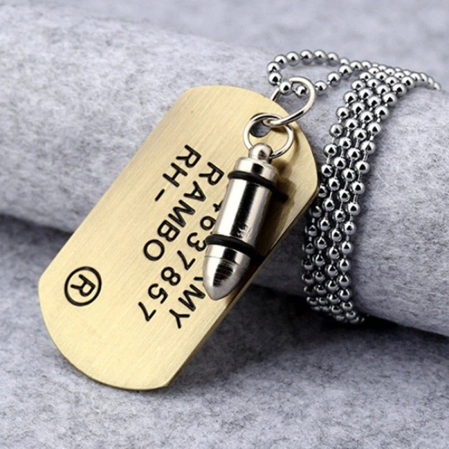 Men's bullet chain - bullet with an identification metal piece for the soldier, gold color