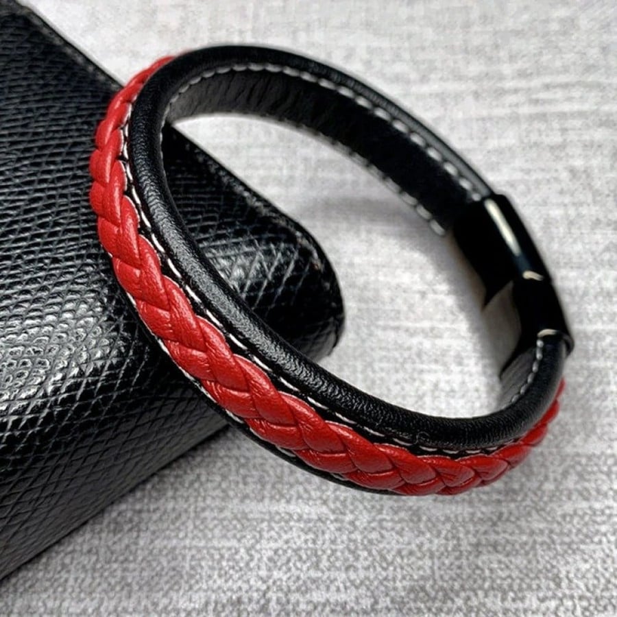 Titanium leather bracelet for men and women, black and red color, black clasp, white thread