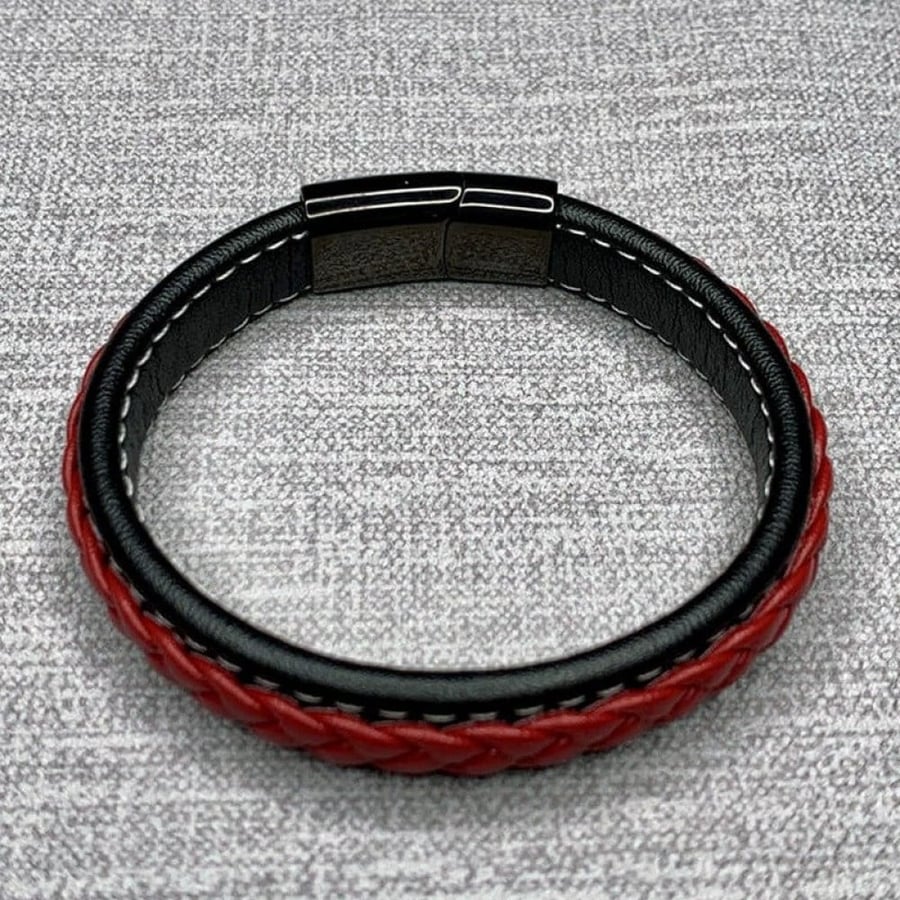 Titanium leather bracelet for men and women, black and red color, black clasp, white thread