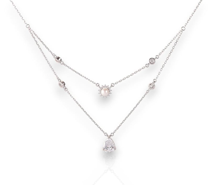 Double silver pendant with a royal emblem – natural pearl and teardrop zircon