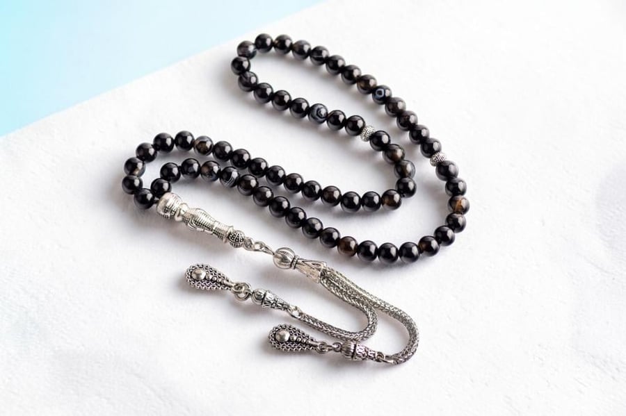Luxury black agate stone rosary with elegant silver metal