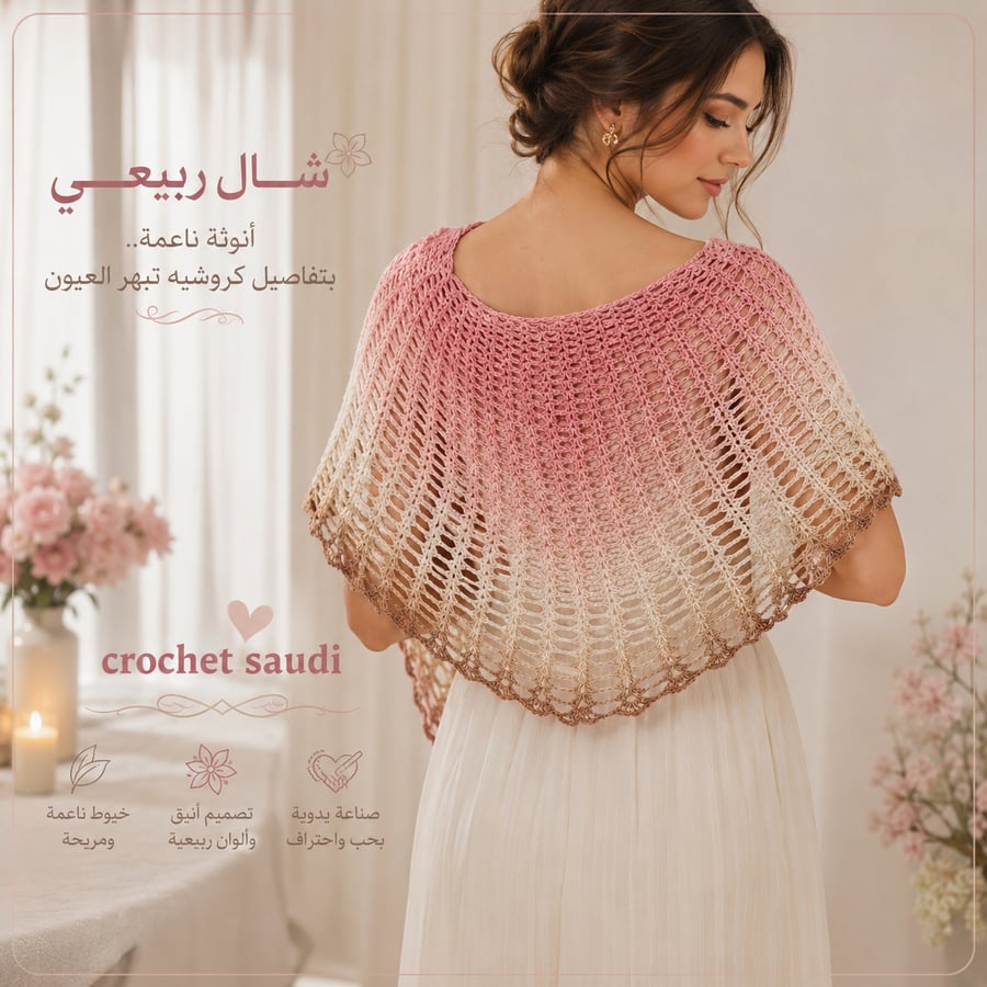 شال كروشيه وردي متدرج