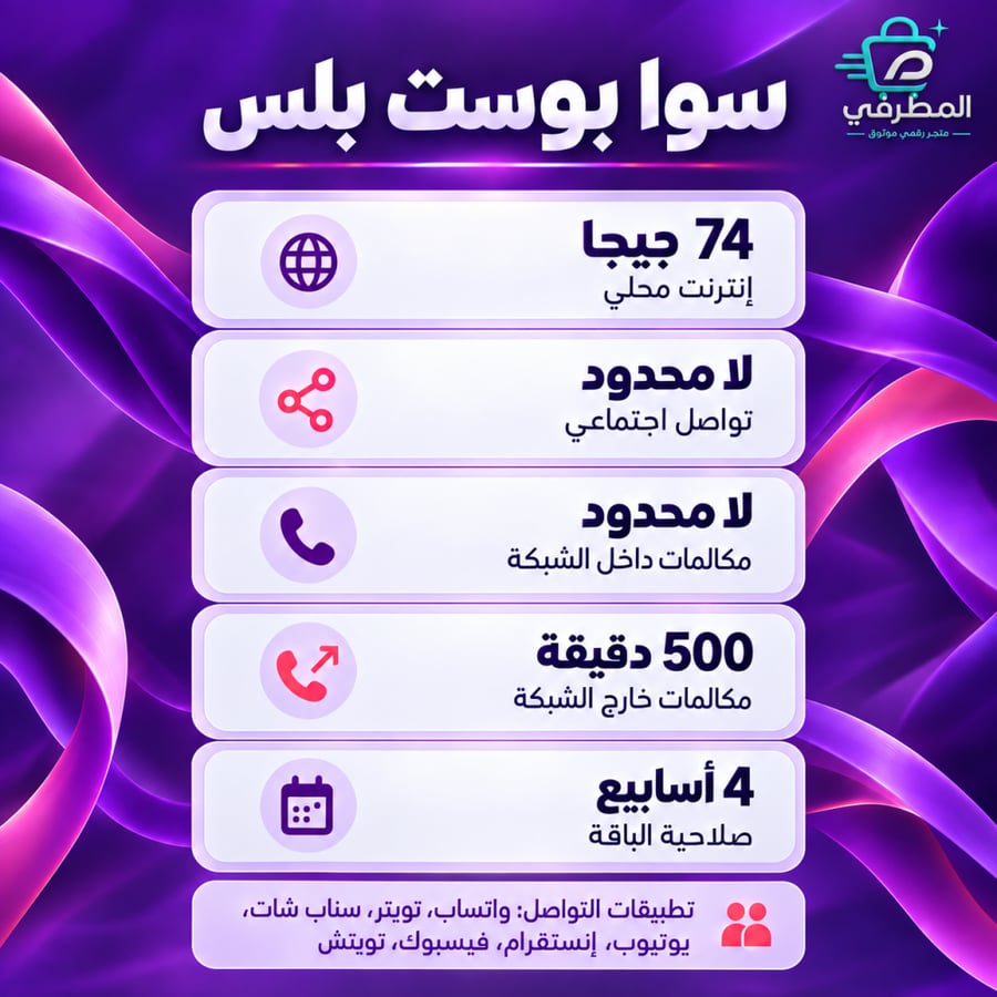 باقة سوا بوست بلس | 74 جيجا + تواصل اجتماعي لا محدود | 4 أسابيع