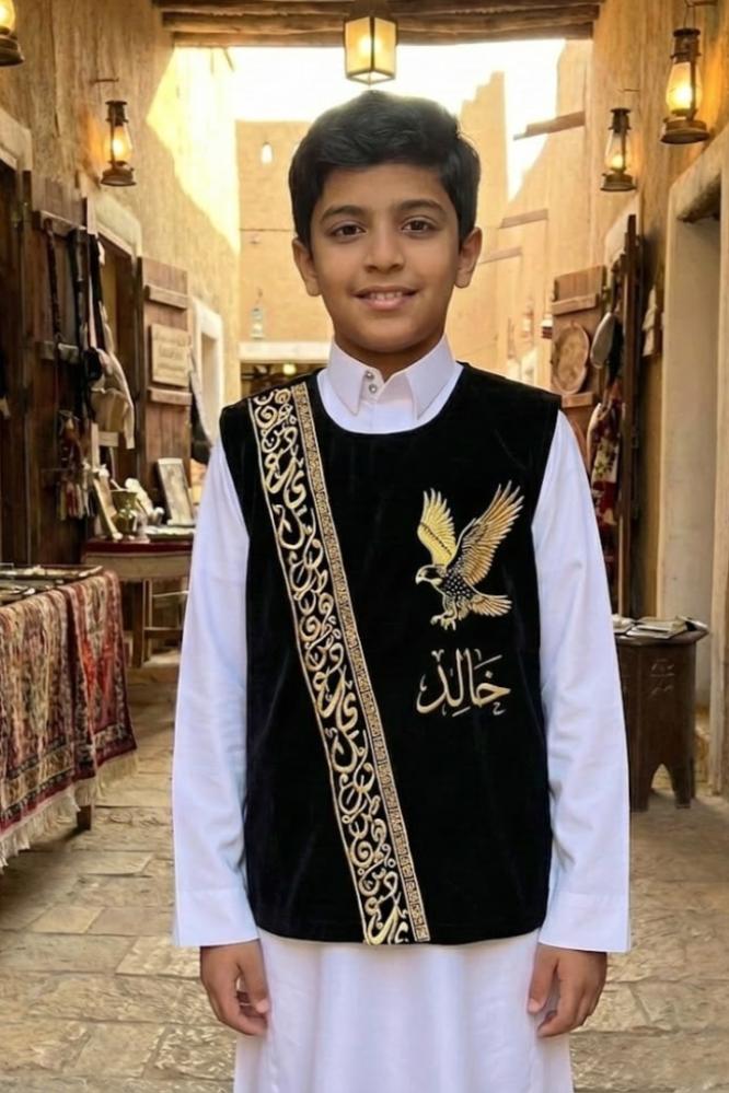 أرقى سديري أطفال سادة أسود بتطريز ذهبي للأعياد والمناسبات