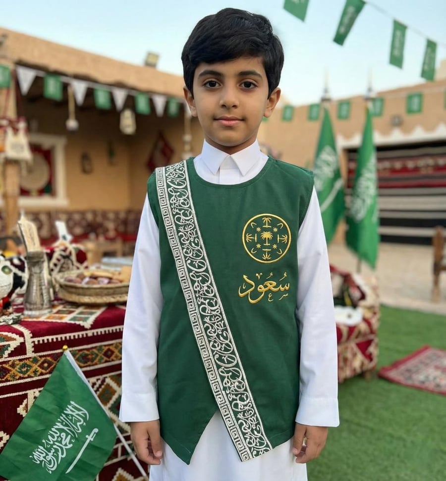 سديري أطفال سادة أخضر داكن بتطريز خط عربي فضي لرمضان