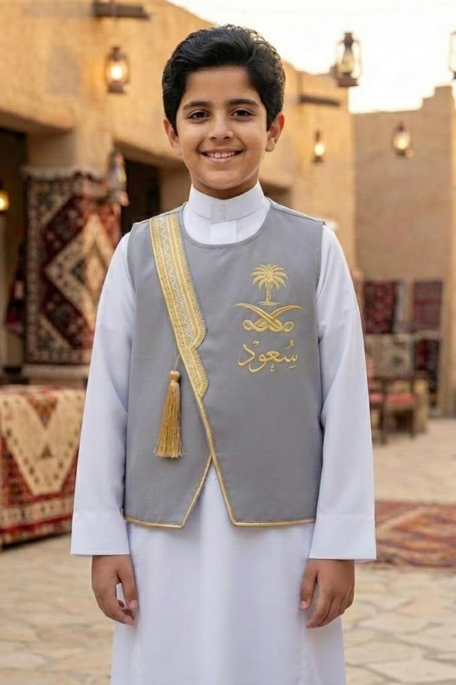 سديري أطفال سادة رمادي بنقشة زجزاج ذهبي لمناسبات رمضان