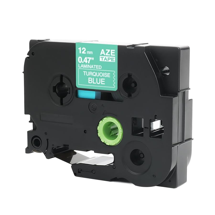 AZE-T535 ليبل برذر صيني مقاس 12 ملي طباعة اللون ابيض على تركوازي