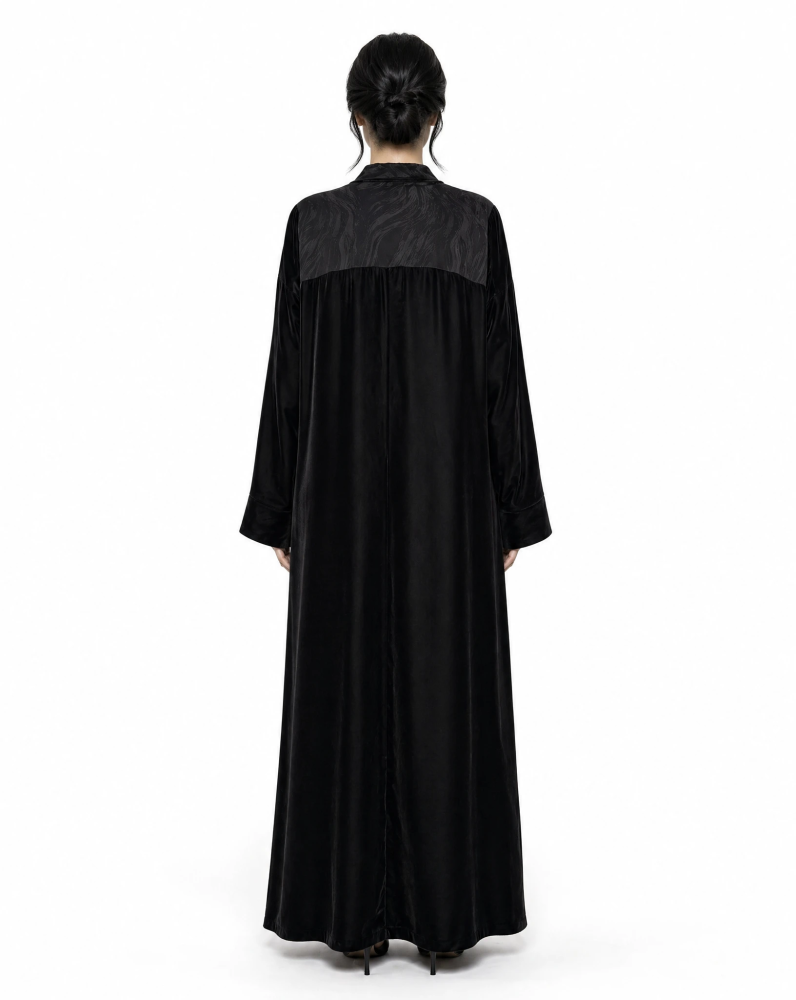 French velvet abaya with a semi-culotte cut in an elegant design
