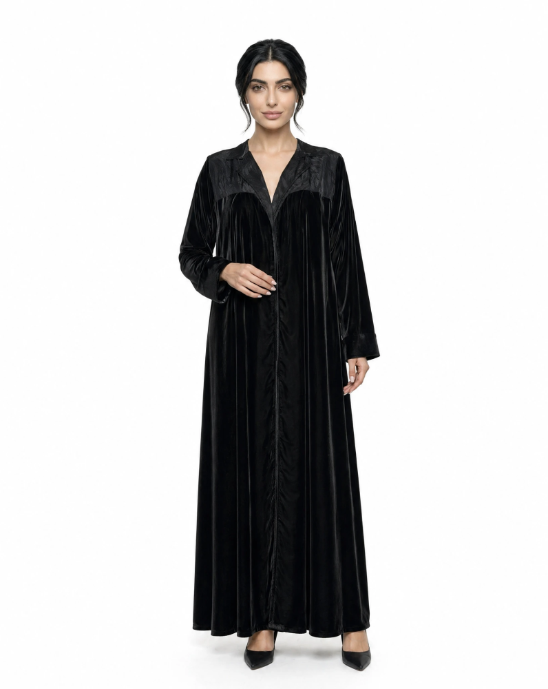 French velvet abaya with a semi-culotte cut in an elegant design