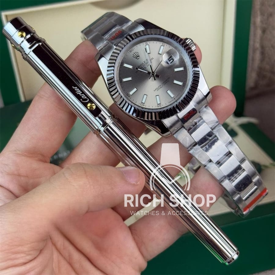Rolex watch set with Cartier pen in silver