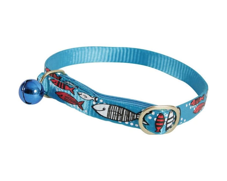Zolux cat collar decorated with fish designs and a bell