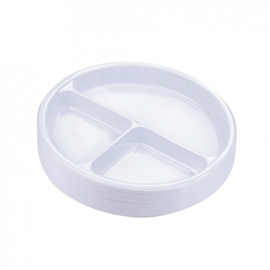 Round plastic plates, size 26, divided into 3 sections (50 pieces)