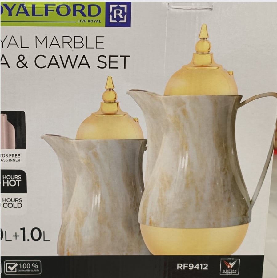 Tea and coffee set with marble design, 1-liter capacity, with double-wall internal insulation made of glass, leak-proof, and keeps beverages cold and hot from Royalford - two-piece set