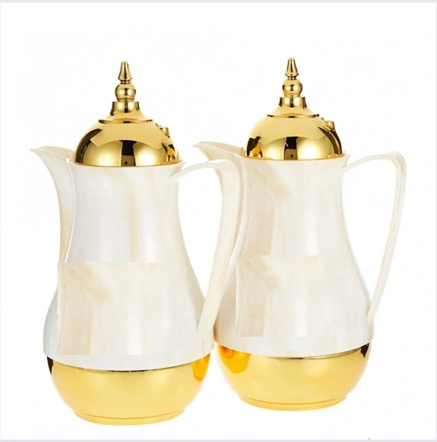 Tea and coffee set with marble design, 1-liter capacity, with double-wall internal insulation made of glass, leak-proof, and keeps beverages cold and hot from Royalford - two-piece set
