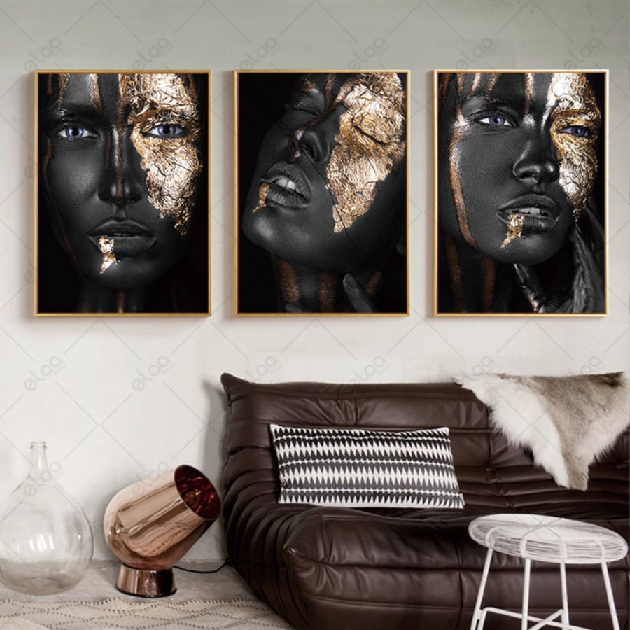 Wall art abstract art face woman with mask of gold