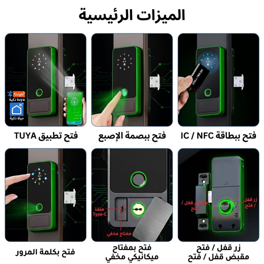 قفل باب ذكي RAYKUBE G18 — بصمة وبطاقة وتطبيق Tuya