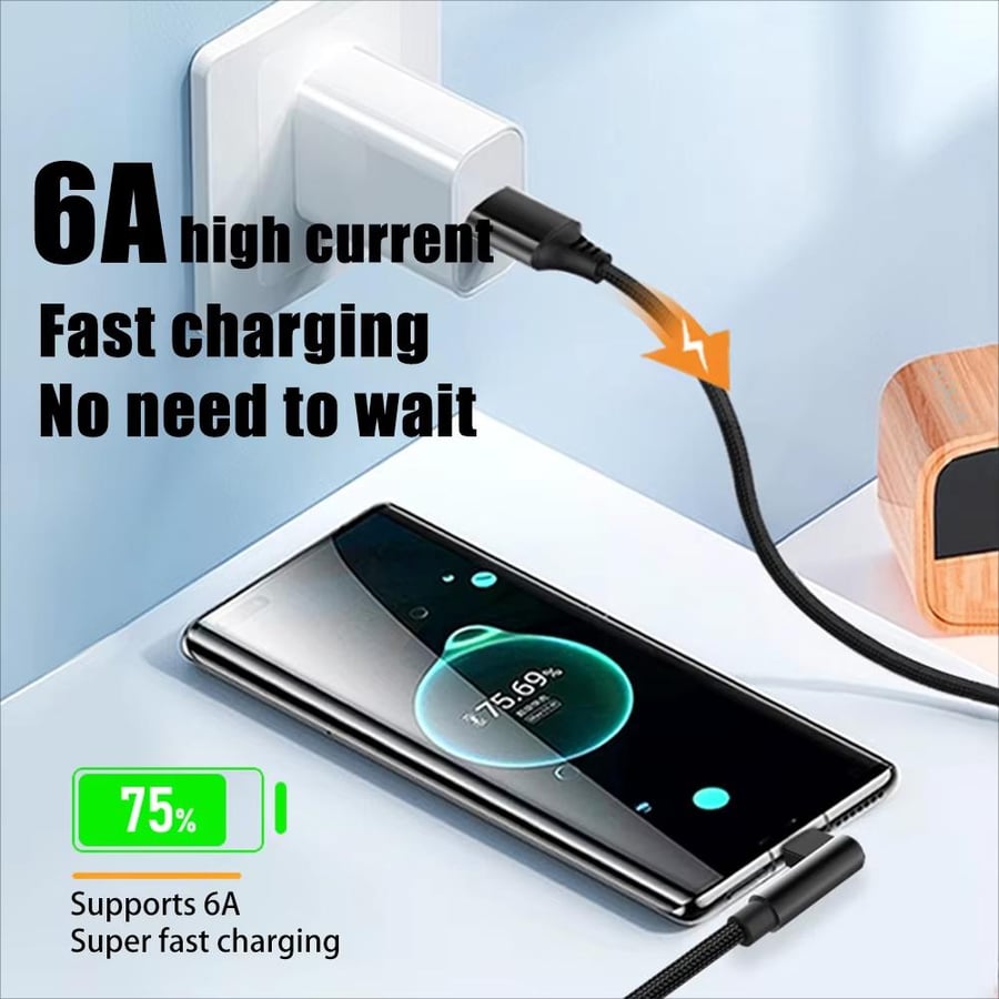كابل USB-C سريع الشحن 6A بطول 3–5 متر