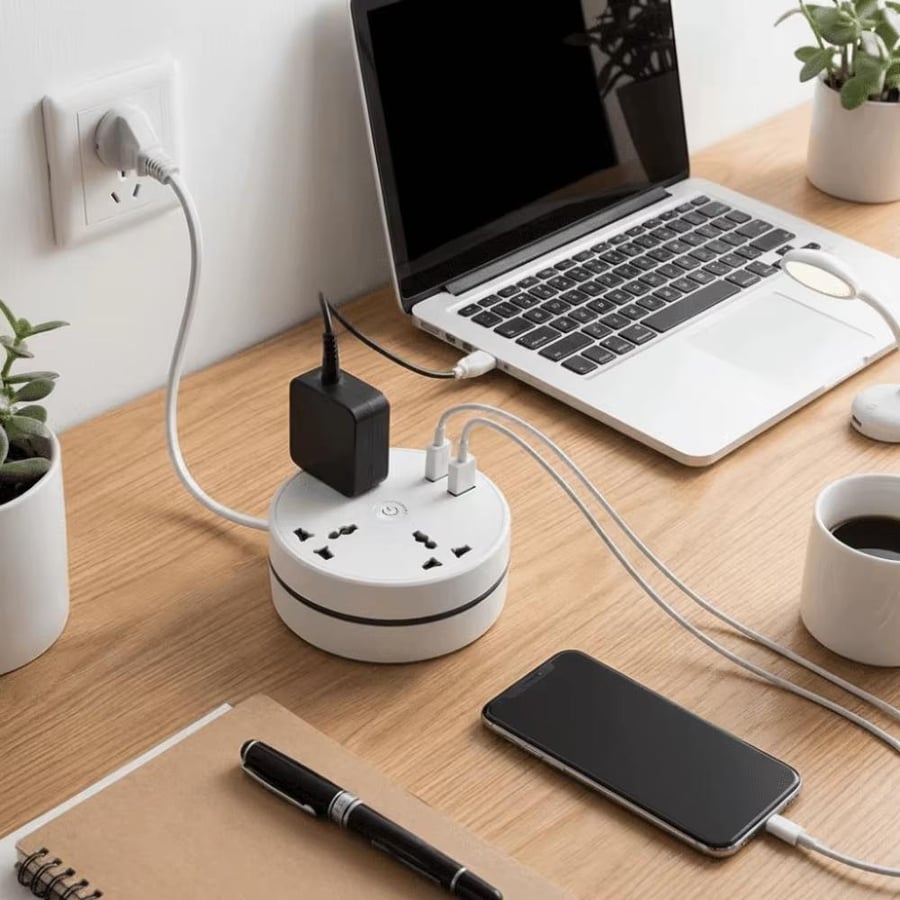 شريط طاقة دائري متعدد المنافذ مع USB وقابس بريطاني