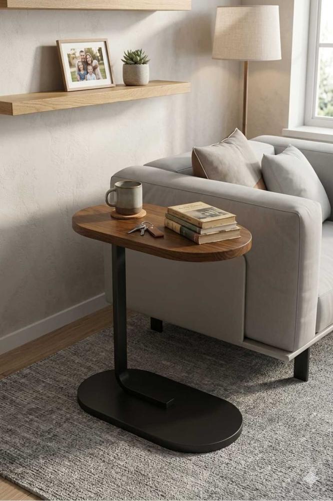 Modern C-Shaped Side Table Set Brown Wooden Top with Black Metal Base Sofa Coffee Table, Bedside Laptop Table 45x30x60cm