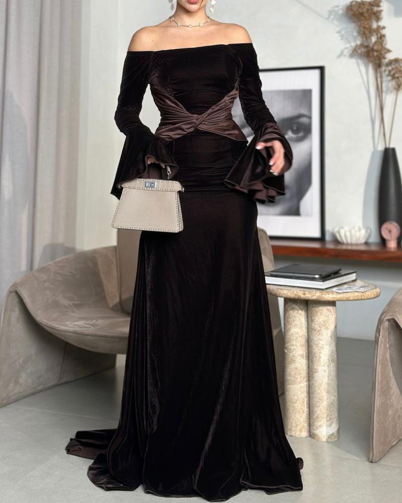 Elegant Velvet Off-Shoulder Dress - فستان سهرة مخملي أنيق
