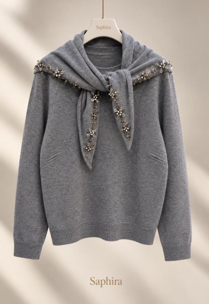 Gray cashmere sweater with scarf