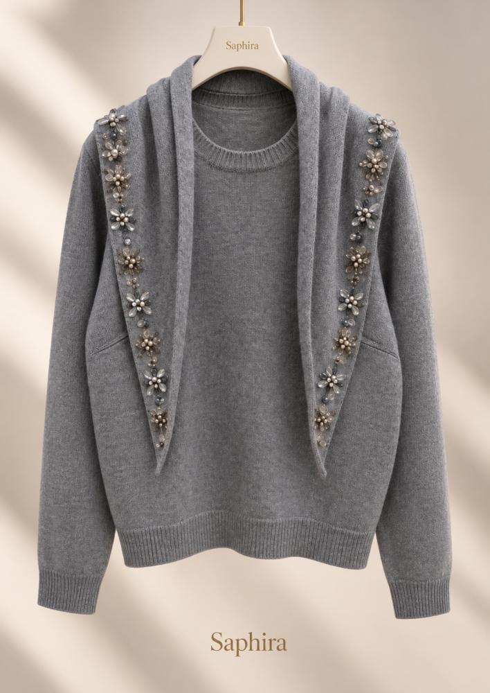 Gray cashmere sweater with scarf