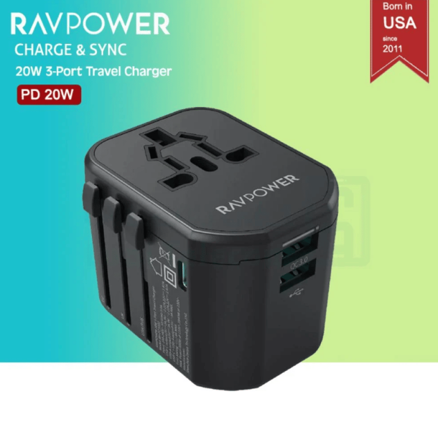 Travel charger RAV Power with 20-watt power, multiple inputs, two USB ports, and a Type-C port