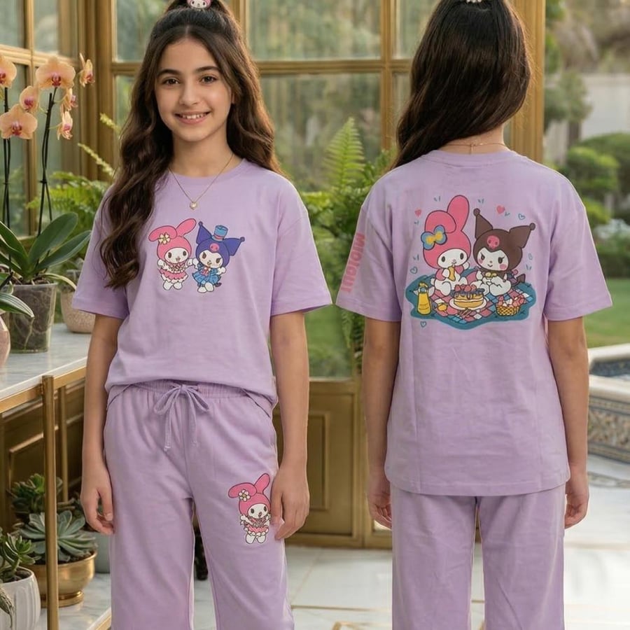 Girls' summer comfortable set (two pieces) in lilac color and cute cartoon prints