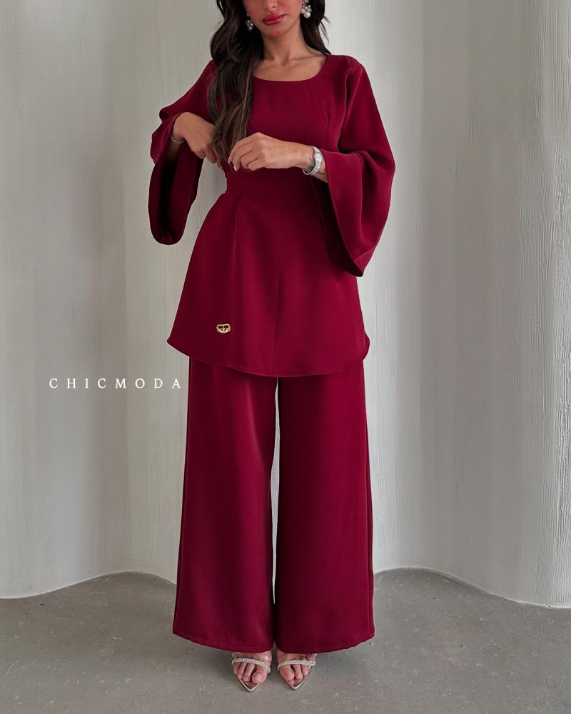 طقم بلوزه وبنطلون نسائي عنابي بتوب فضفاض وبنطلون Wide-leg