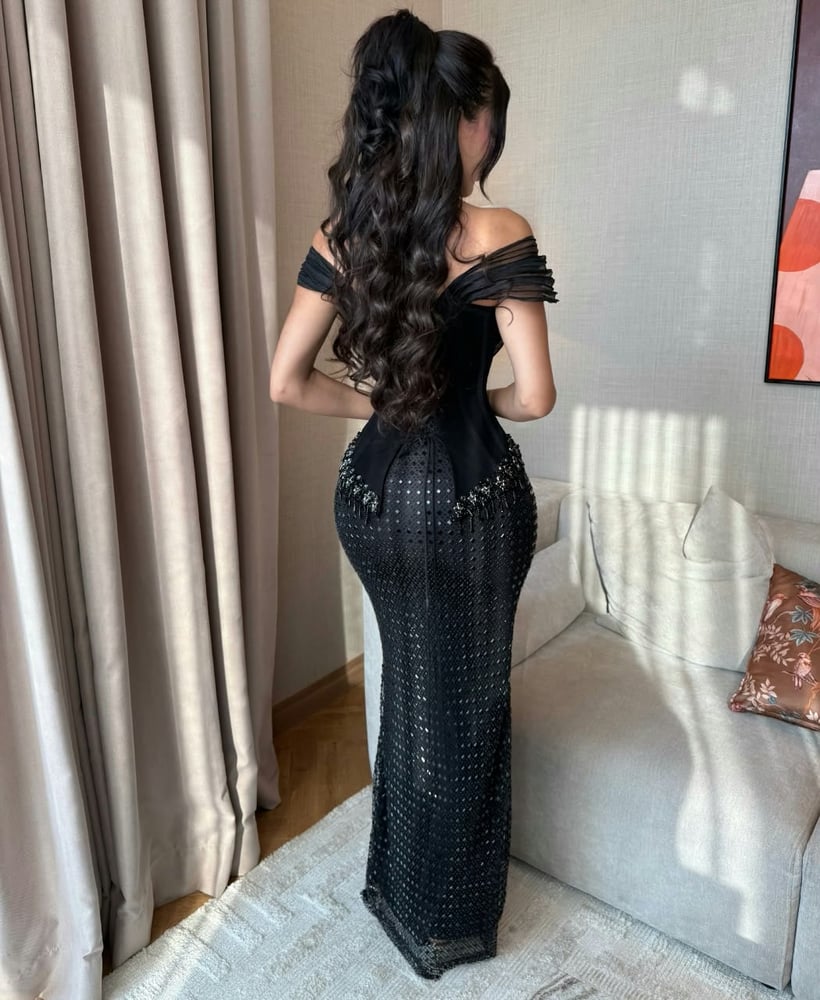 فستان سهرة اسود فصوص زركون اورجنزا طويل للمناسبات والأعراس متجر مولين