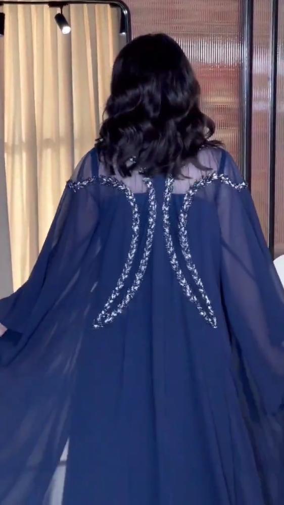 فستان سهرة كحلي شيفون مطرز طويل للمناسبات والأعراس متجر مولين