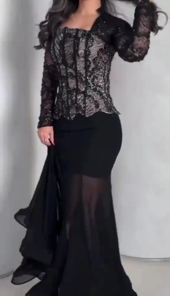 فستان سهرة أسود دانتيل مبطن باربي طويل للمناسبات والأعراس متجر مولين