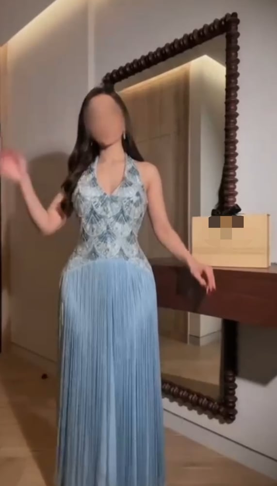 فستان سهرة سماوي باربي و شبك مطرز مع هدب طويل للمناسبات والأعراس متجر مولين