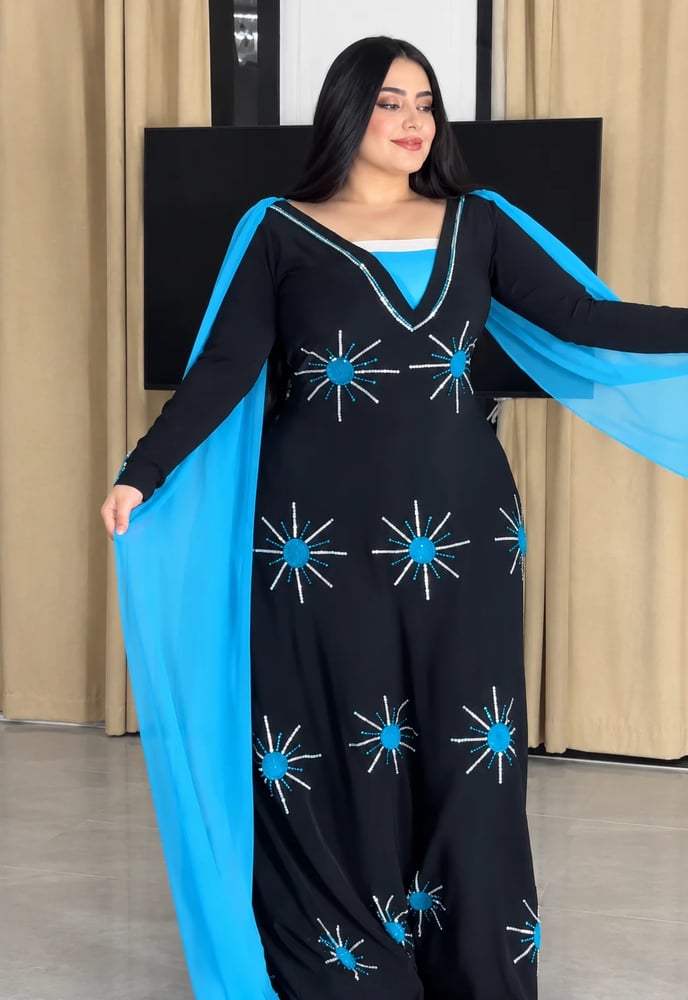 فستان سهرة أسود مع أزرق كريستال استرتش طويل للمناسبات والأعراس متجر مولين