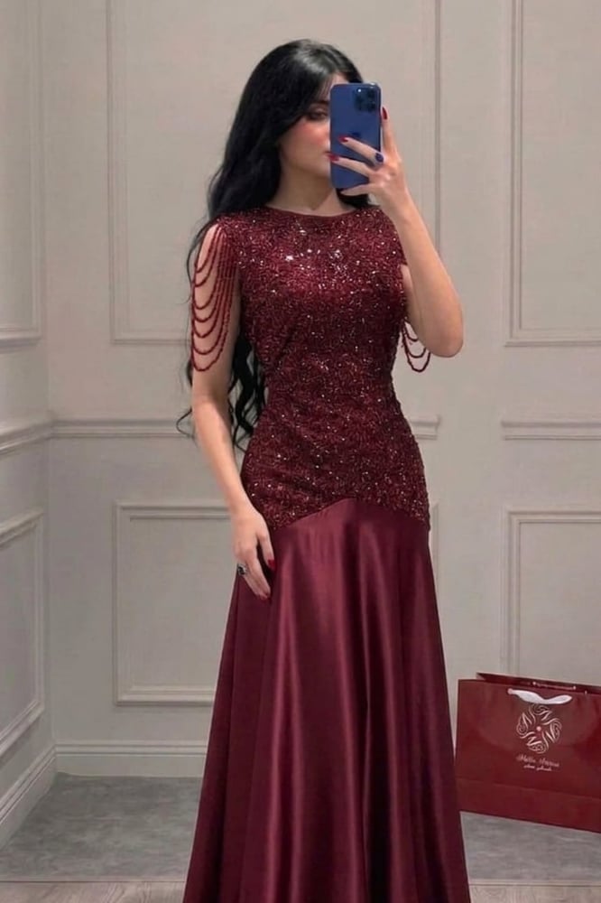 فستان سهرة برغندي طويل للمناسبات النسائية