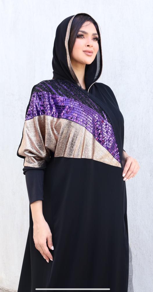 عباية كريب اسود مع لمعة موف او بنفسجي
