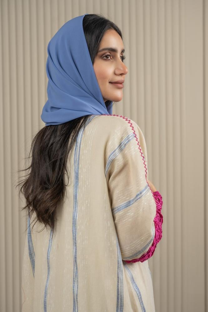عباية للينن بيج مقلم ازرق مع كورشية فوشي