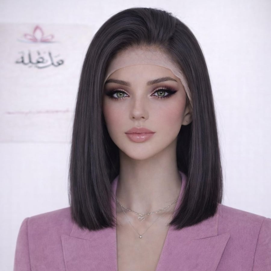 باروكة شعر طبيعي-استريت ناعم-اسود طبيعي-جذور كاملة-طول 14 انش-فروه دانتيل-كثافه180%