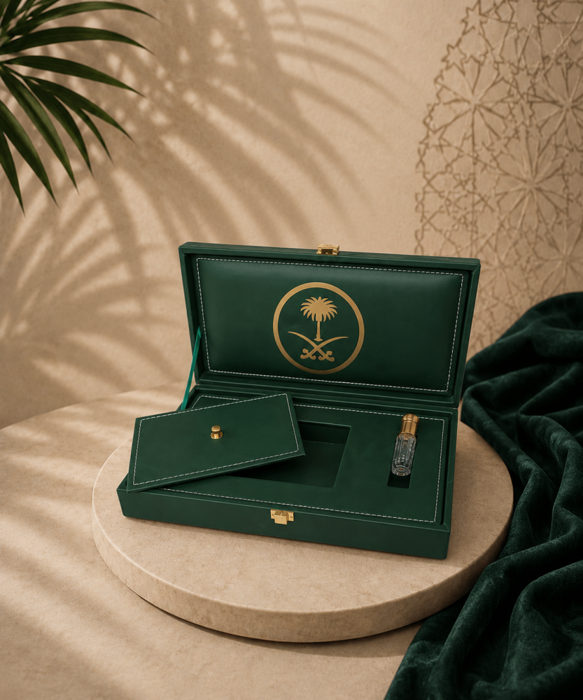 Green leather box, 2 Tula + two oud sticks