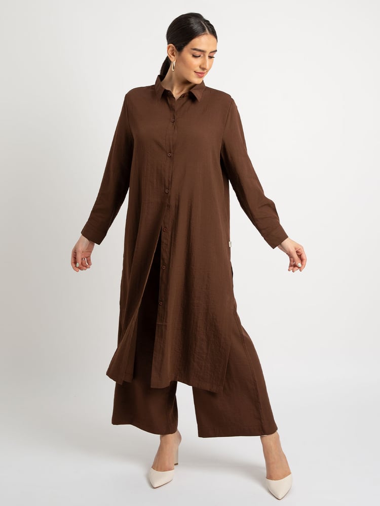 طقم شيرت طويل - بني
