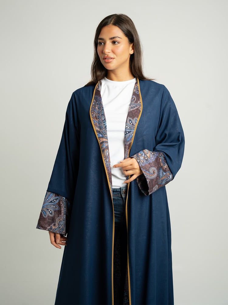 عباية دبل فيس بيزلي نص كلوش أزرق بروسي