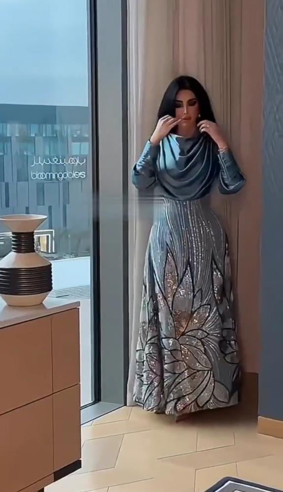 فستان سهره سماوي خامه وكلفه خرز