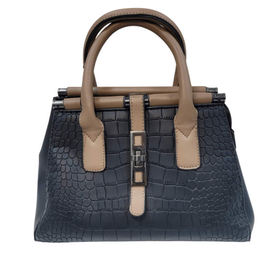 Women's handbag with crocodile pattern in navy and beige