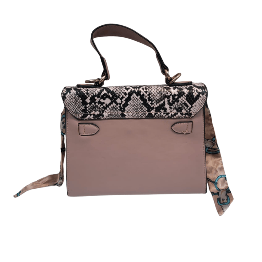 Elegant women's handbag in pink color with snake print