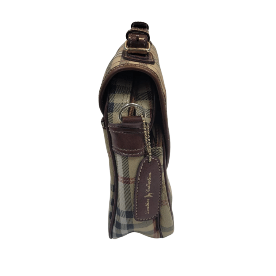 Women's handbag with plaid pattern and brown leather