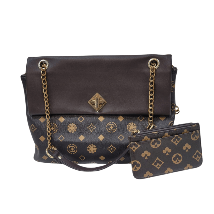 Women's brown shoulder bag set with small wallet