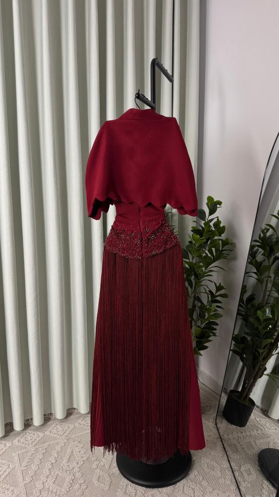 Evening dress maroon with hand-embroidered tassels